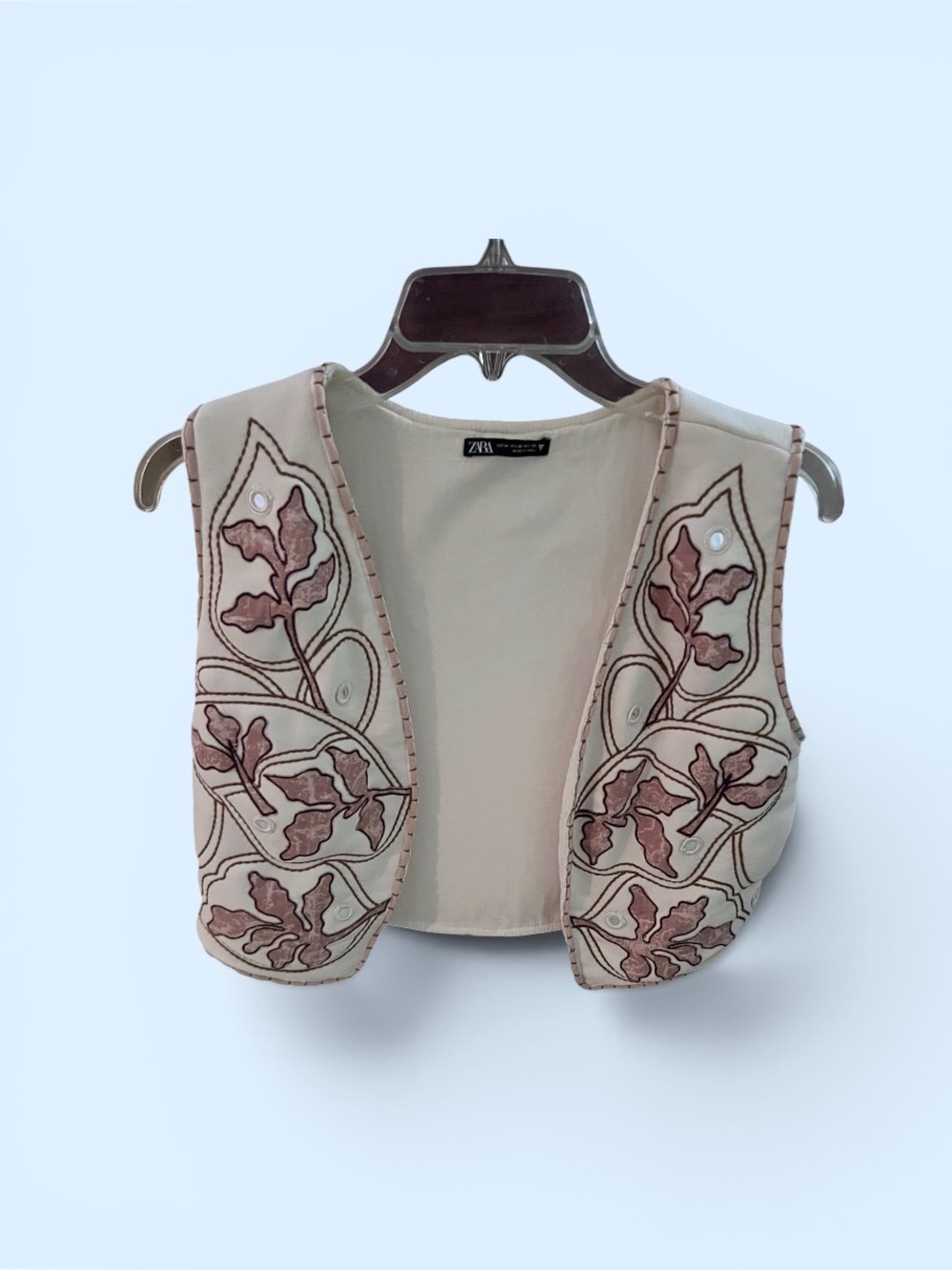 Zara Cream Embroidered Open Front Vest - Pink Floral Accents